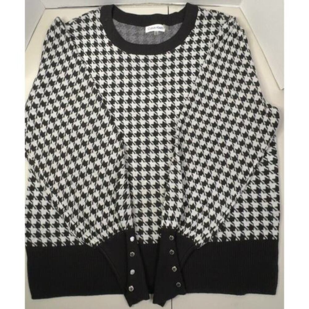 Calvin Klein Womens Black Knit Cowl Neck B&W Sweater Sz Small Geomtric Textured